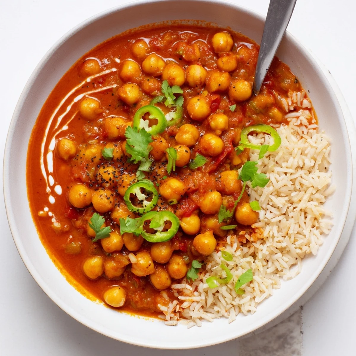 Bowl of Greek Yogurt Chickpea Curry over fluffy basmati rice, creamy texture