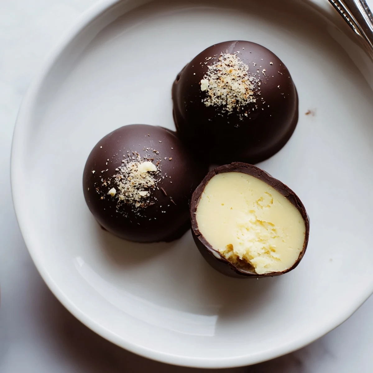 Dark Chocolate Eggnog Truffles with glossy shells, creamy spiced centers, holiday platter.  