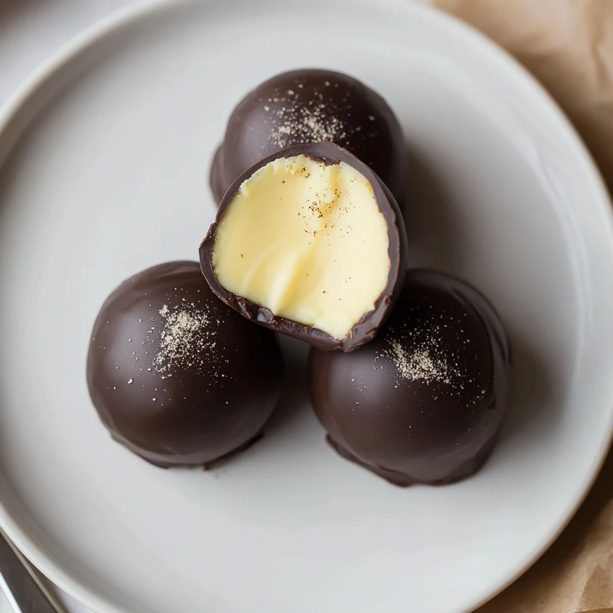 Bite-sized Dark Chocolate Eggnog Truffles arranged on parchment, rich, silky interior.
