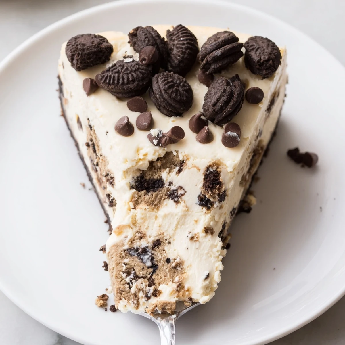 Chocolate Chip Cookie Dough Cheesecake with creamy filling, gooey dough pockets, crisp crust.