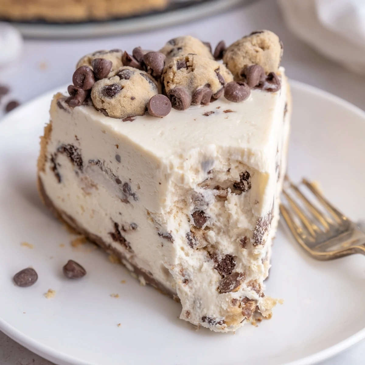 Sliced from springform pan, Chocolate Chip Cookie Dough Cheesecake studded with marble-sized dough balls.