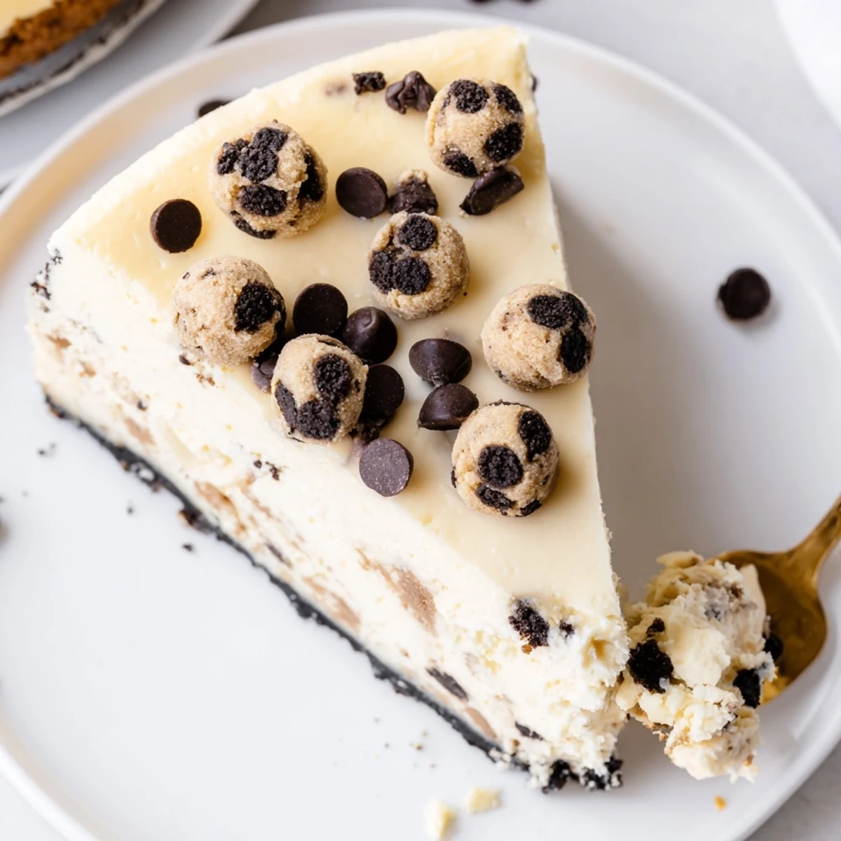 A chilled slice of Chocolate Chip Cookie Dough Cheesecake topped with mini chips.