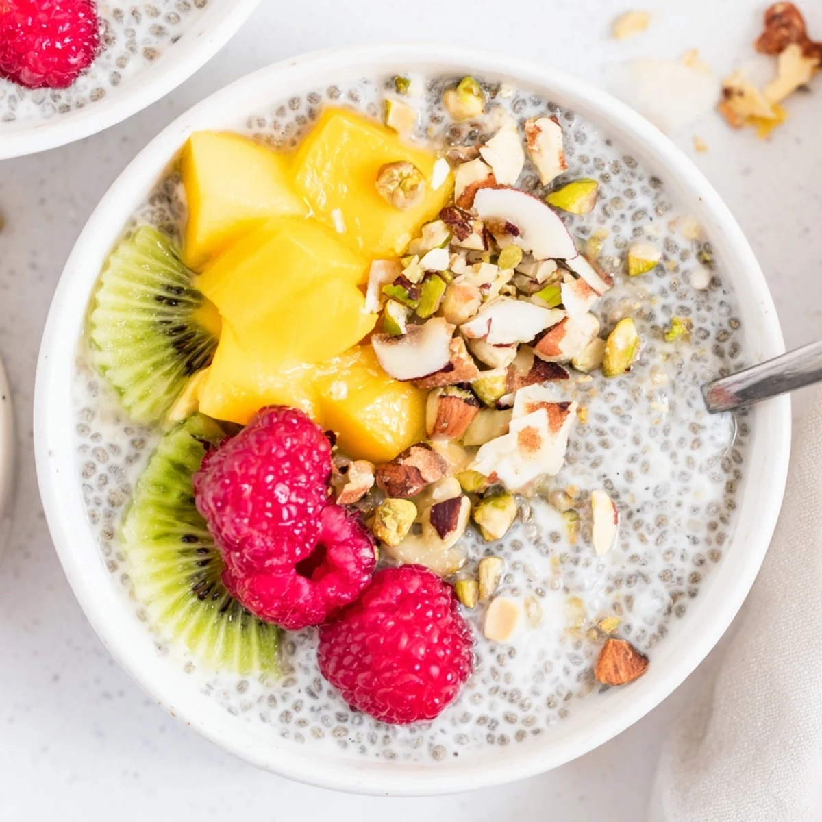 Coconut Chia Pudding layered in a parfait glass with fresh mango
