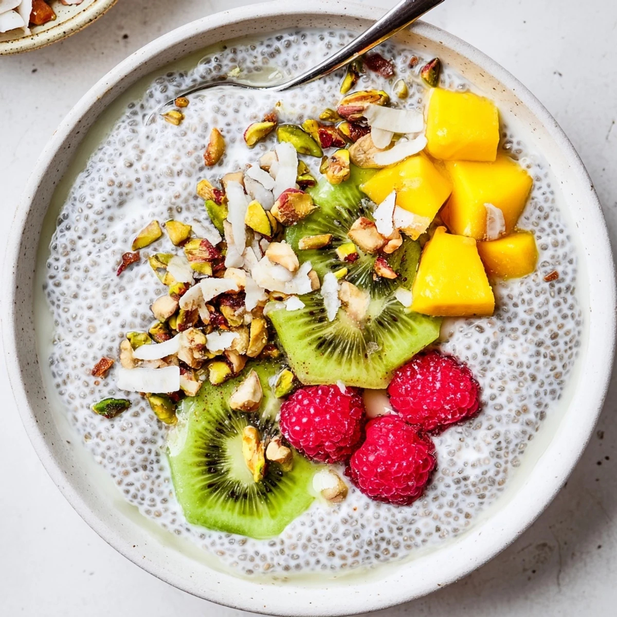 Chilled Coconut Chia Pudding in a glass jar garnished with berries
