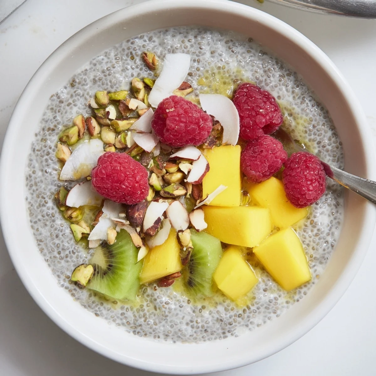 Silky Coconut Chia Pudding spoon-dipped, sprinkled with toasted almonds and kiwi