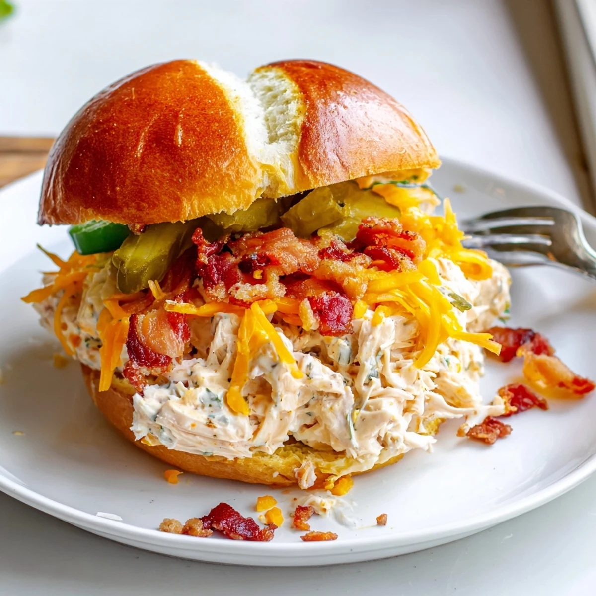 Spoonfuls of hot, bubbly Crack Chicken Sandwiches filling nestled in buns.