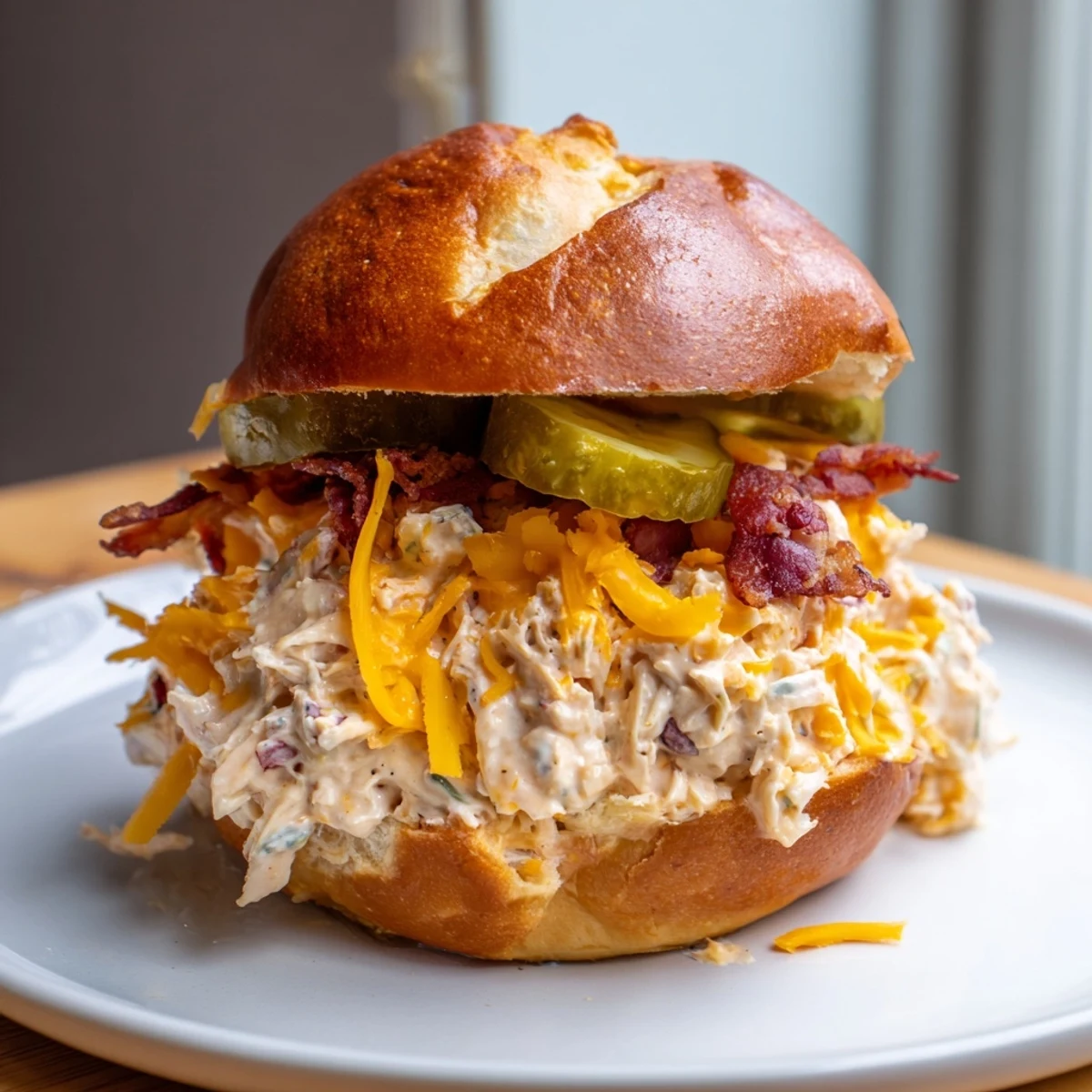 Fresh from oven Crack Chicken Sandwiches piled on toasted brioche, tangy ranch.