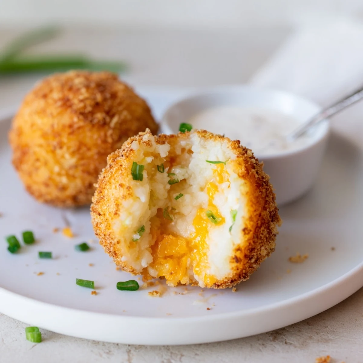 Fried Mashed Potato Balls with golden crispy exterior and gooey cheddar center
