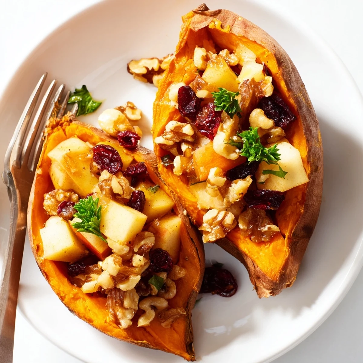 Roasted Stuffed Sweet Potatoes With Apples topped with maple-glazed walnuts and parsley