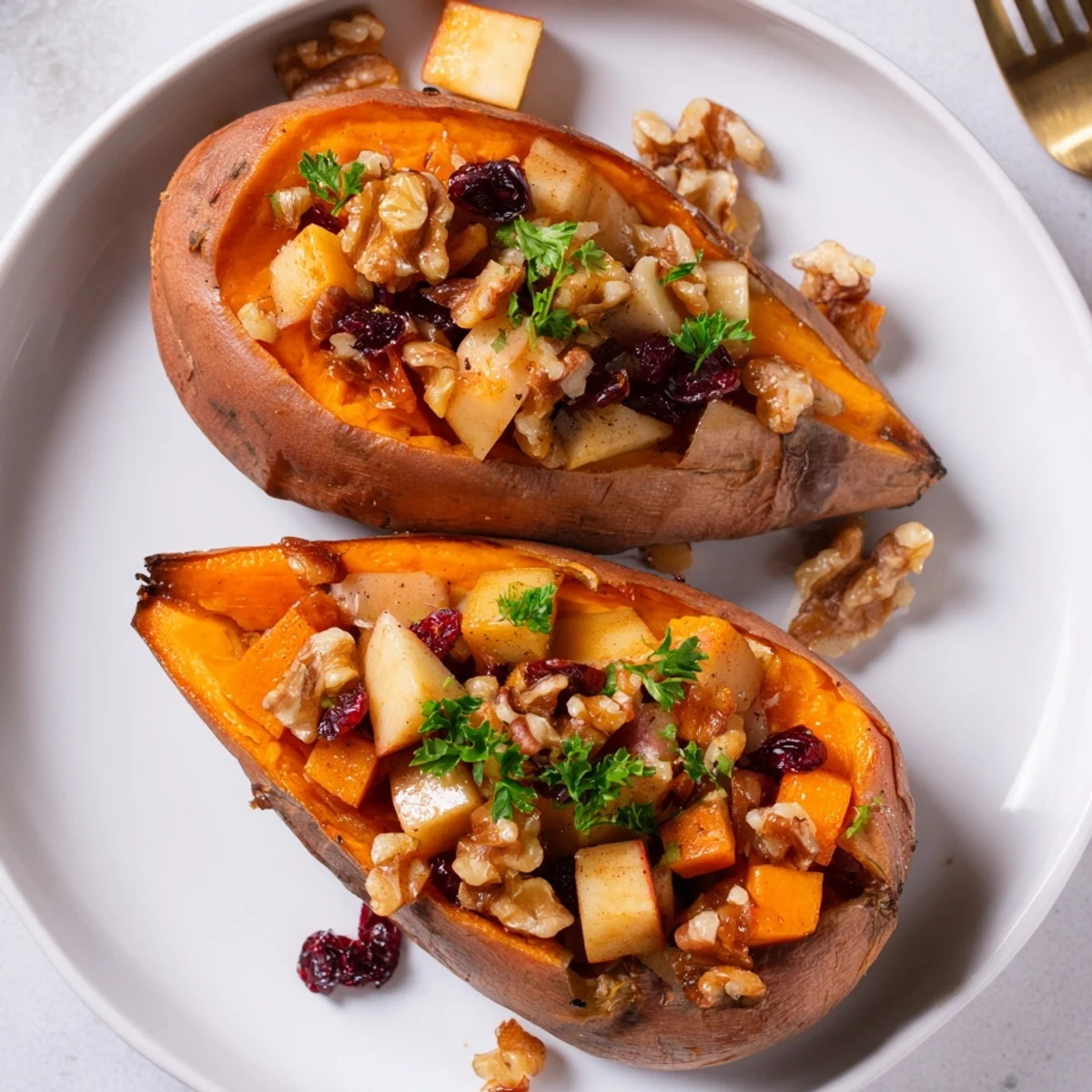 Warm Stuffed Sweet Potatoes With Apples served as a hearty vegetarian main or side