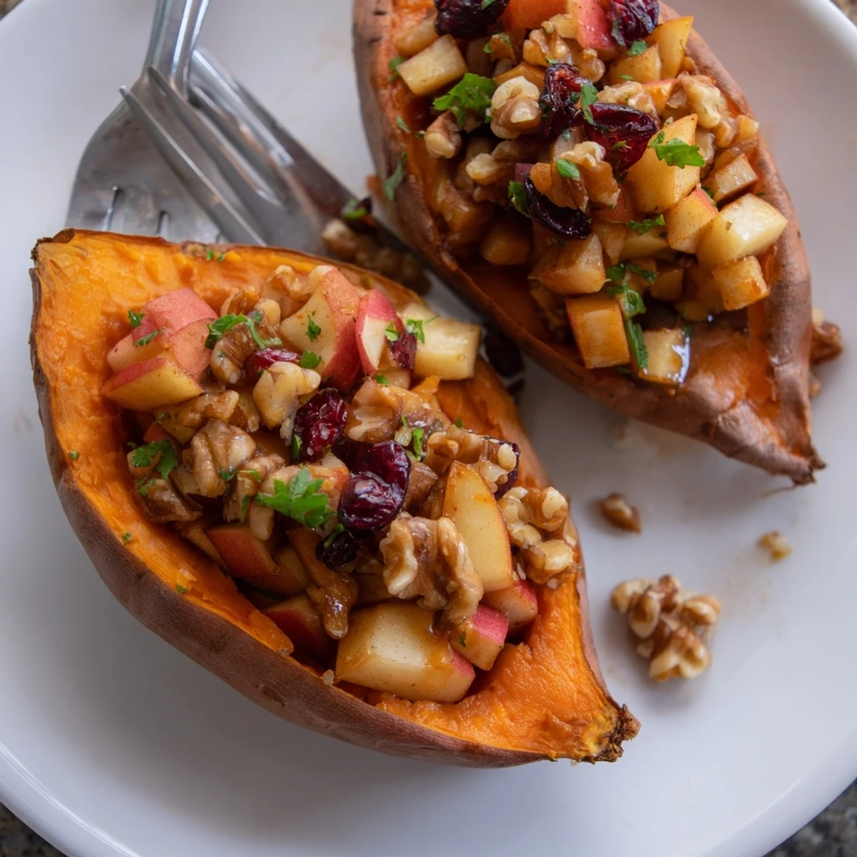 Baked Stuffed Sweet Potatoes With Apples fluffed, spiced with cinnamon, drizzled with maple