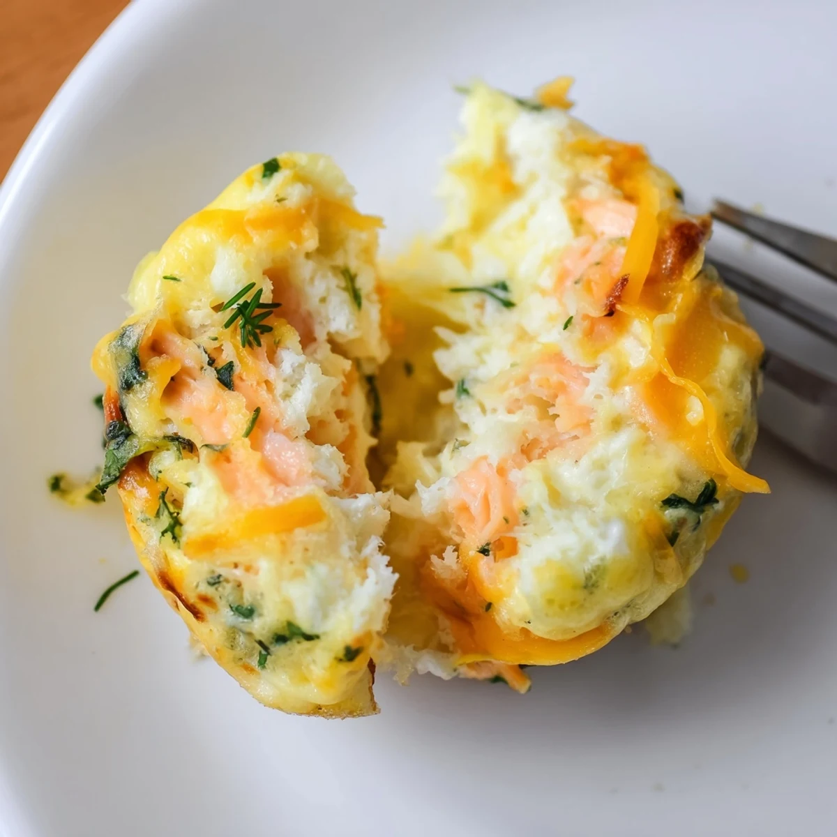 Plate of Smoked Salmon Egg Muffins served with lemon wedge and arugula  