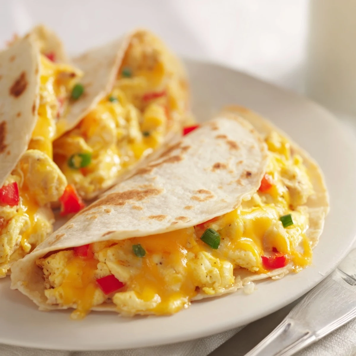 Pan-toasted Chicken Breakfast Quesadilla wedge showing gooey cheese, bell pepper bits