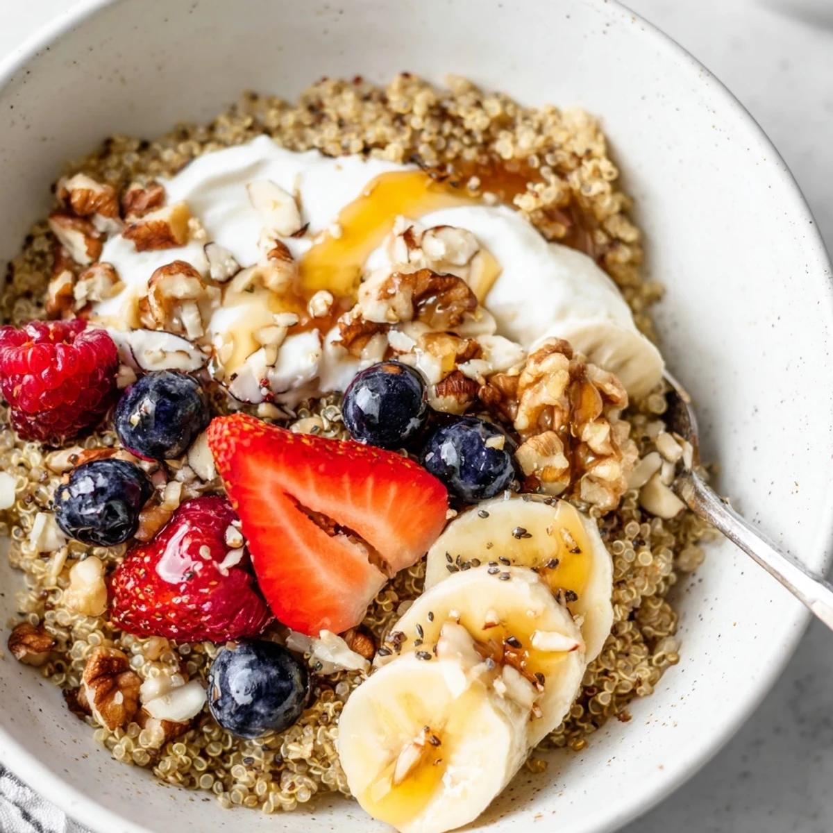 Quinoa Breakfast Bowl topped with creamy yogurt, sliced banana, and berries