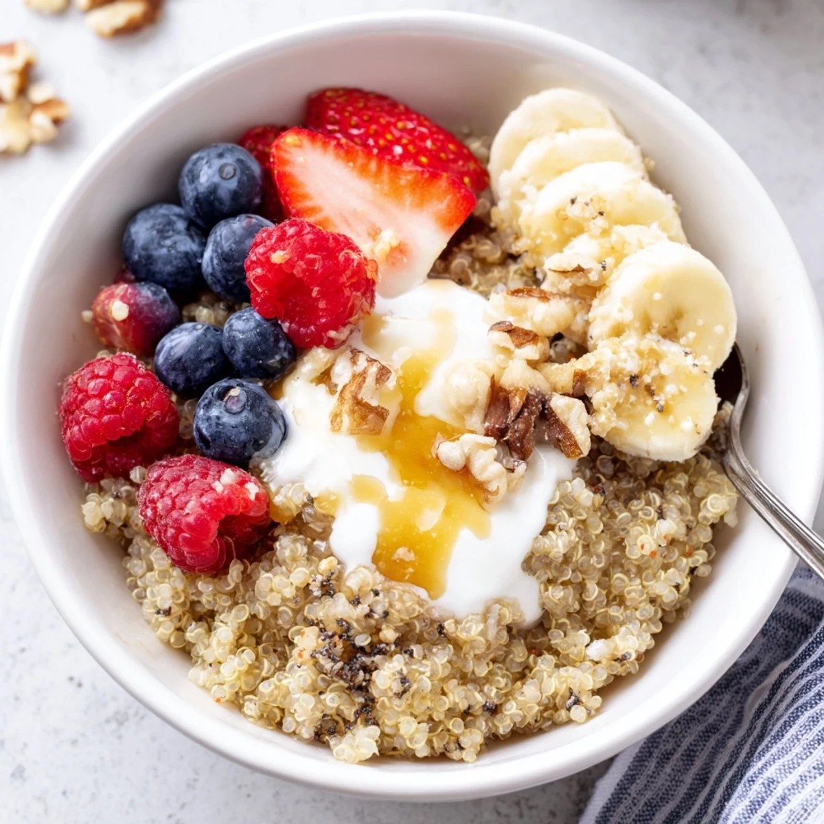 Aromatic Quinoa Breakfast Bowl served warm with honey drizzle and crunchy nuts