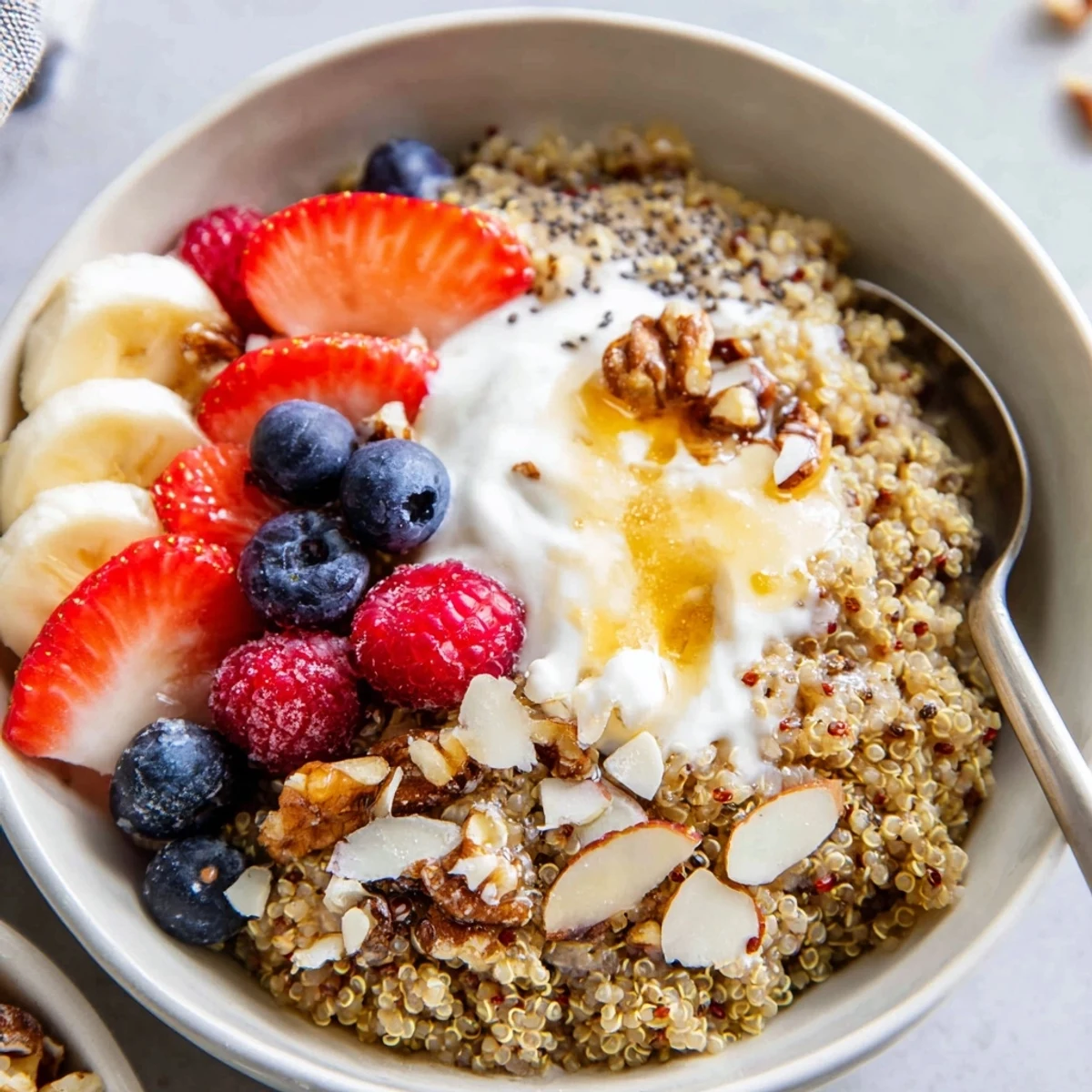 Protein-packed Quinoa Breakfast Bowl layered with Greek yogurt and fresh berries