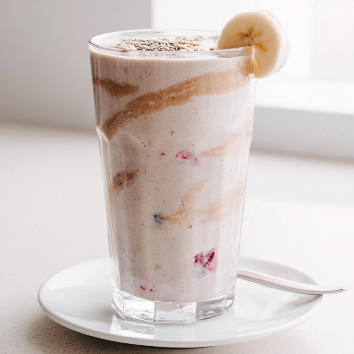 Creamy High Protein Smoothie topped with chia seeds, ideal post-workout boost