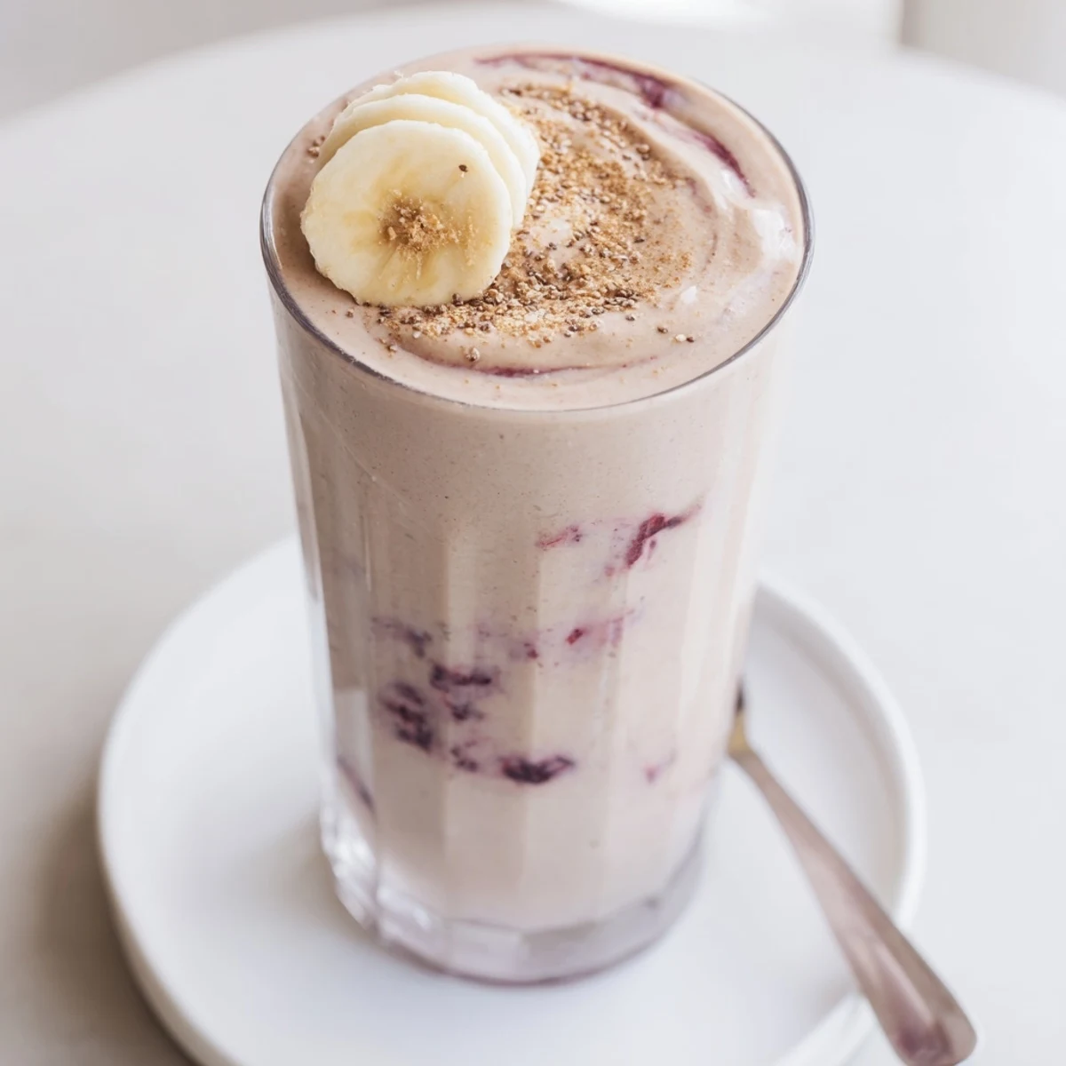 High Protein Smoothie poured into tall glass, creamy berry-peanut aroma