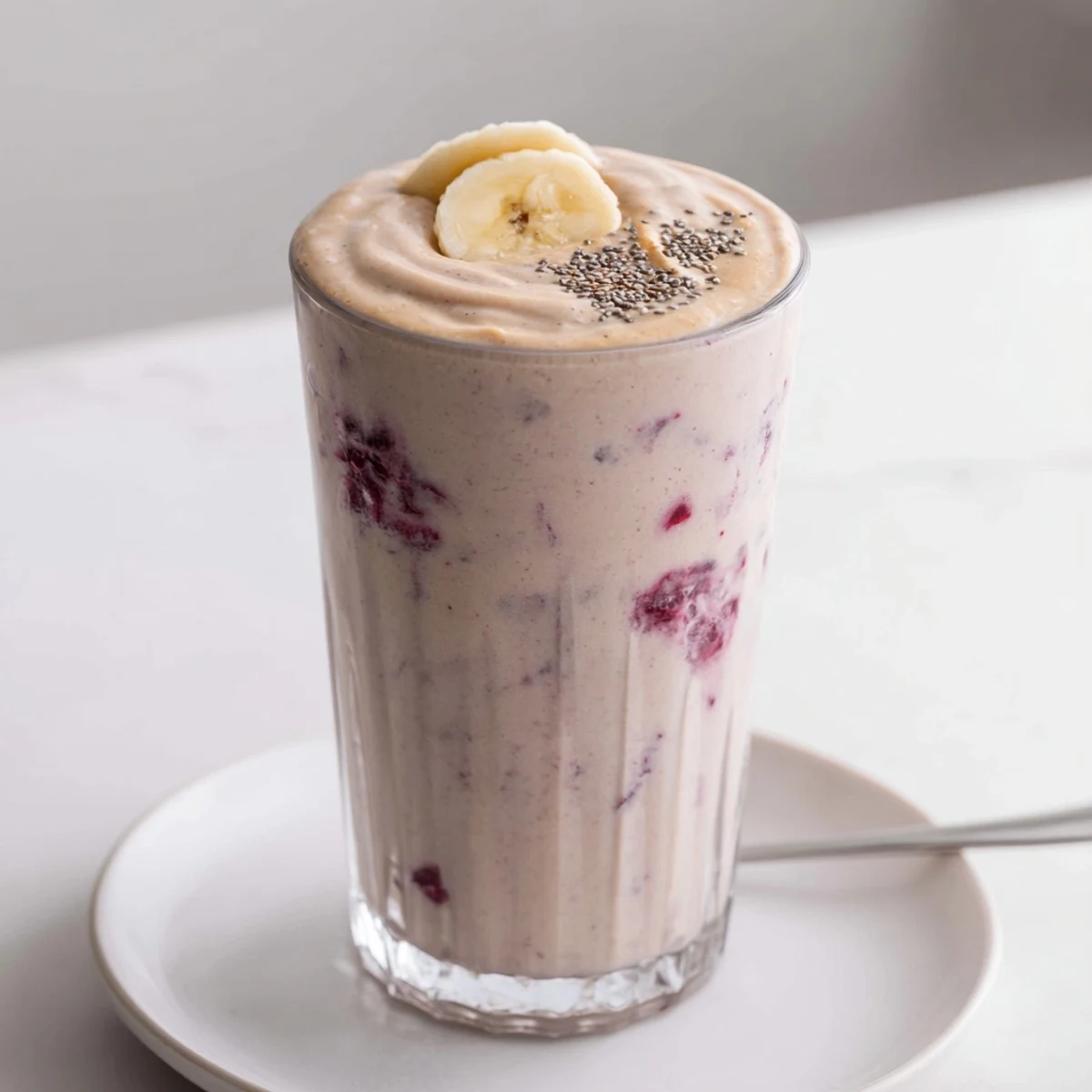 High Protein Smoothie blending banana, Greek yogurt, frosty mixed berries