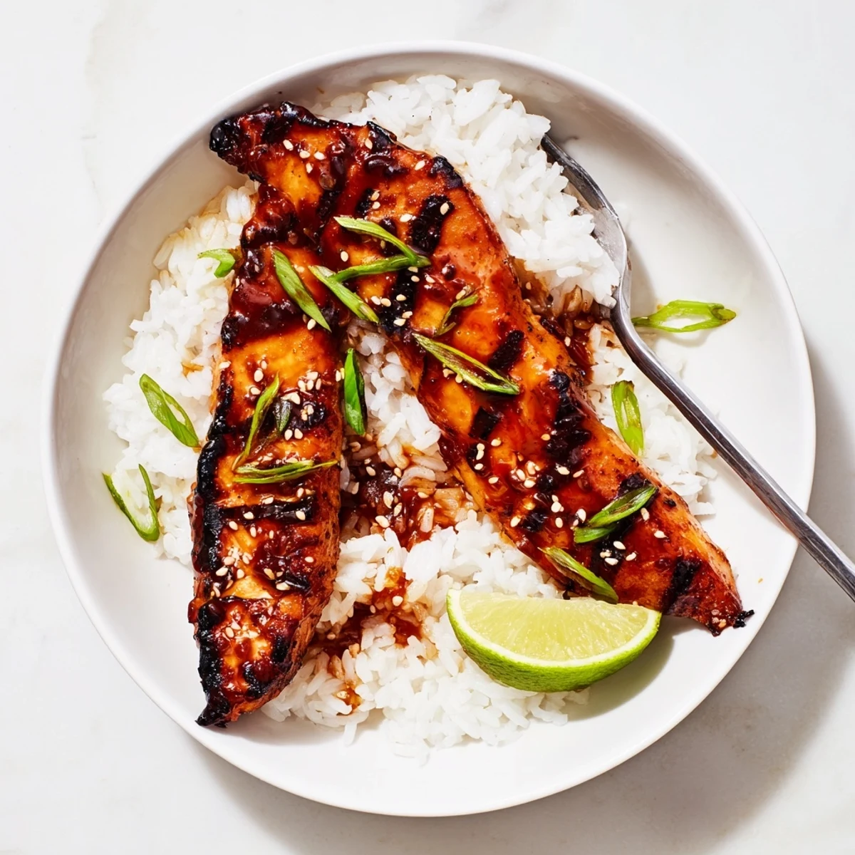 Spicy Maple Chicken And Coconut Rice glazed in sticky maple, fragrant coconut rice beneath