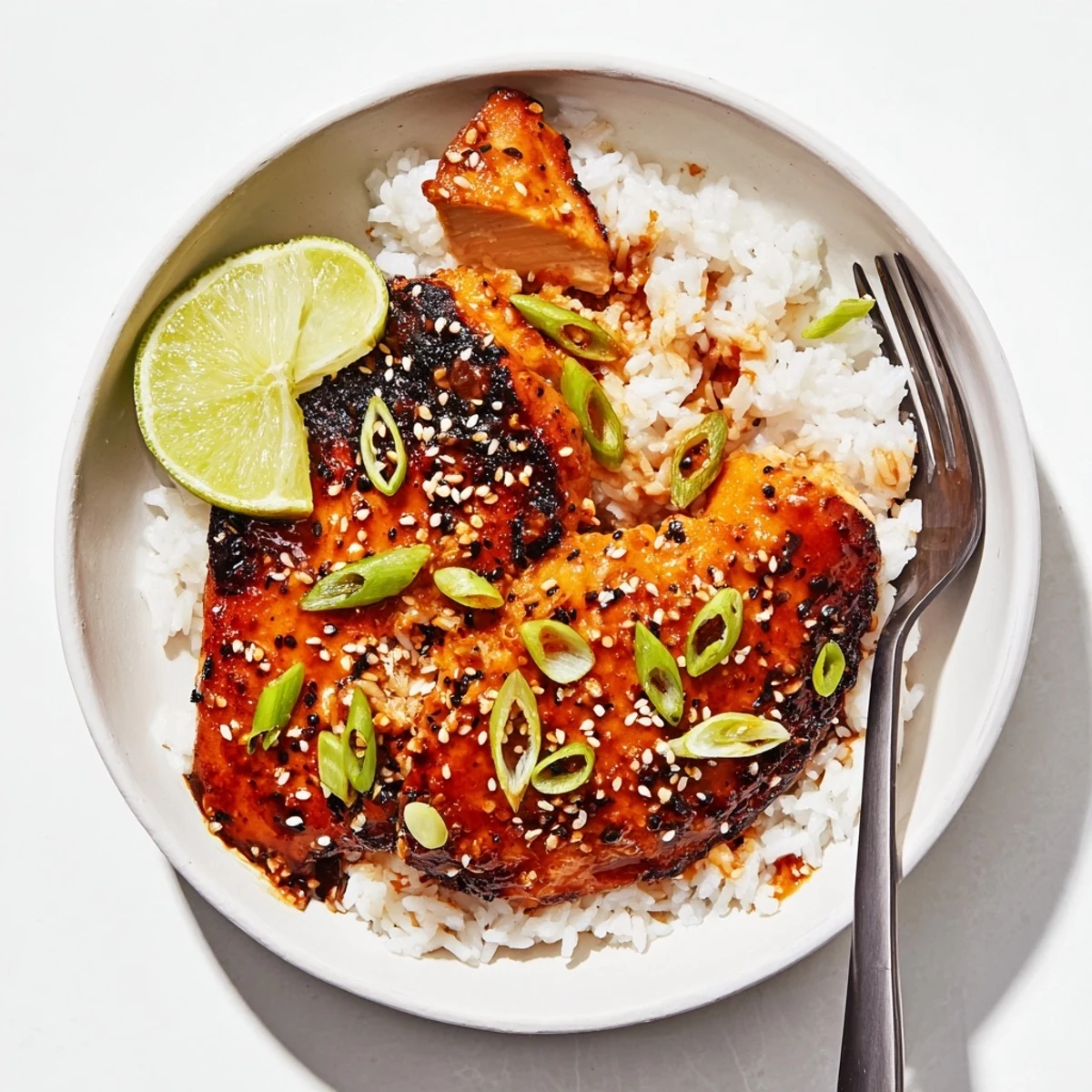 Juicy Spicy Maple Chicken And Coconut Rice topped with toasted sesame and lime wedge