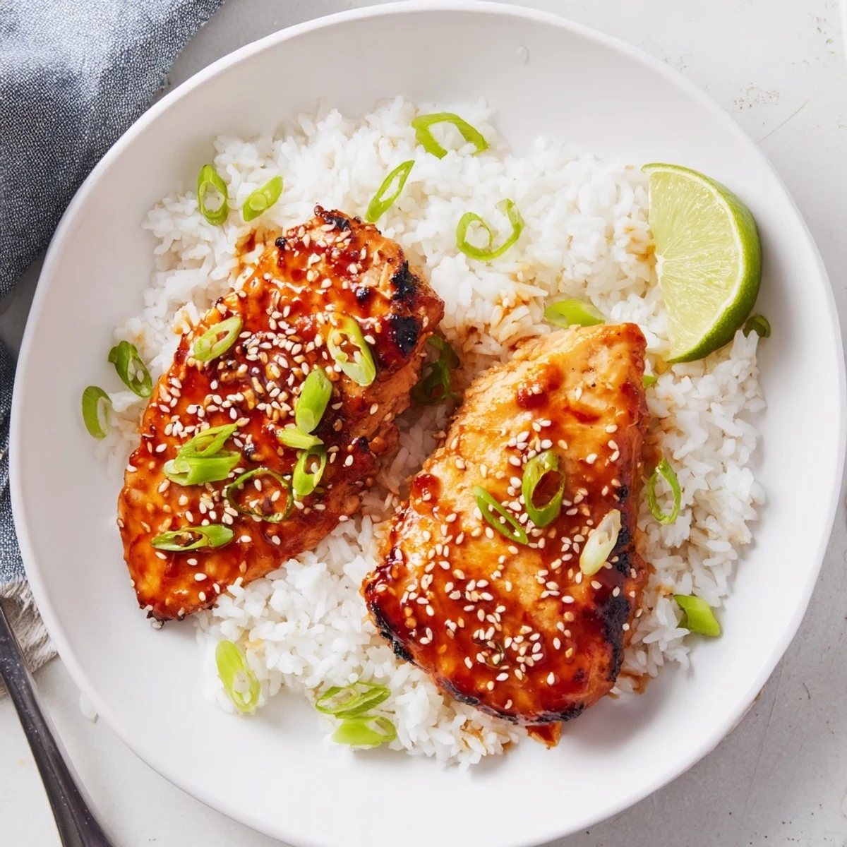 Weeknight plate featuring Spicy Maple Chicken And Coconut Rice garnished with green onions
