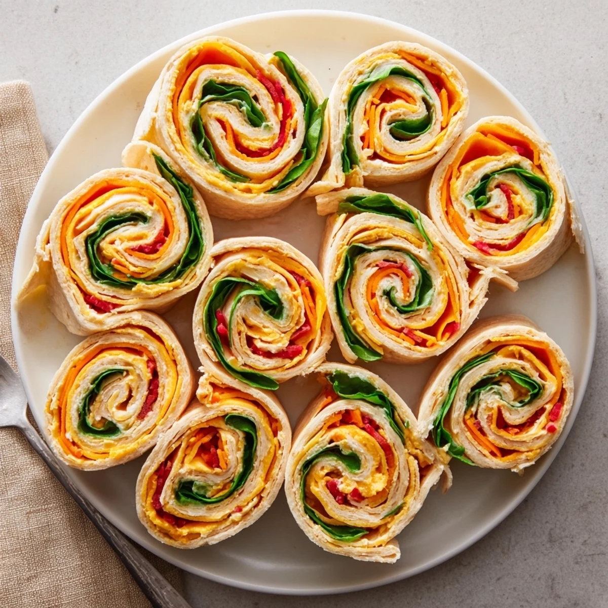 Pinwheel Sandwiches arranged on platter, colorful veggies, creamy filling visible