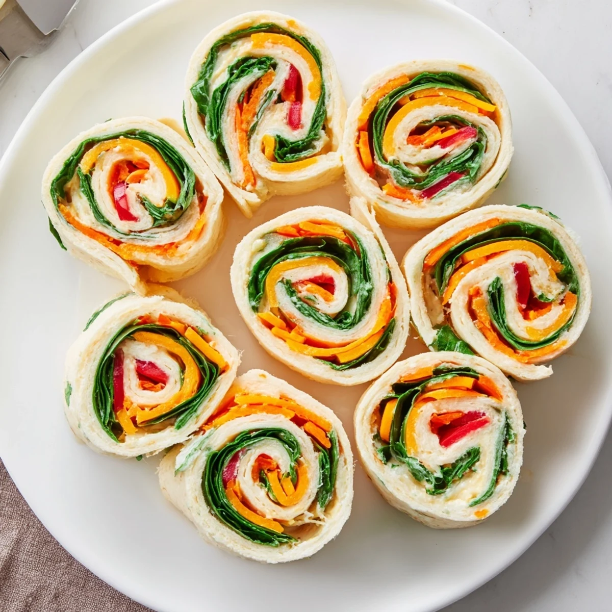 Chilled Pinwheel Sandwiches sliced into spirals, bright peppers and spinach