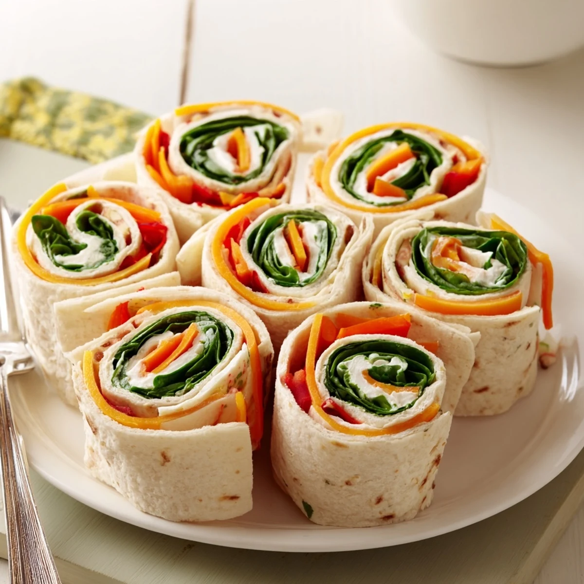 Pinwheel Sandwiches for picnics, cut spirals show colorful layers