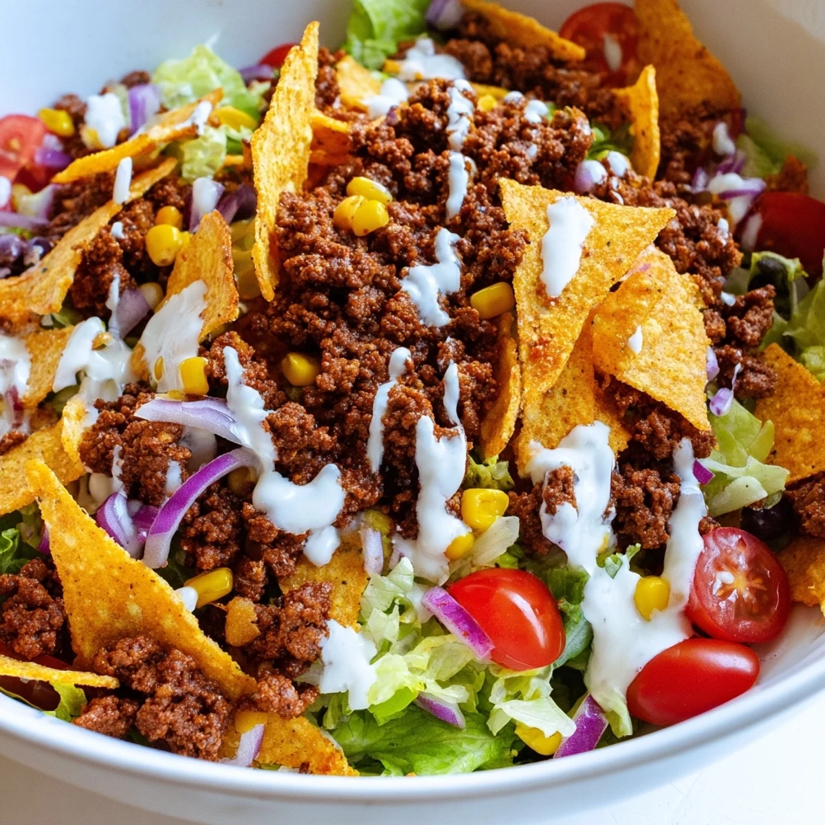 Simple Doritos Taco Salad with warm seasoned beef, crunchy chips, and zesty ranch