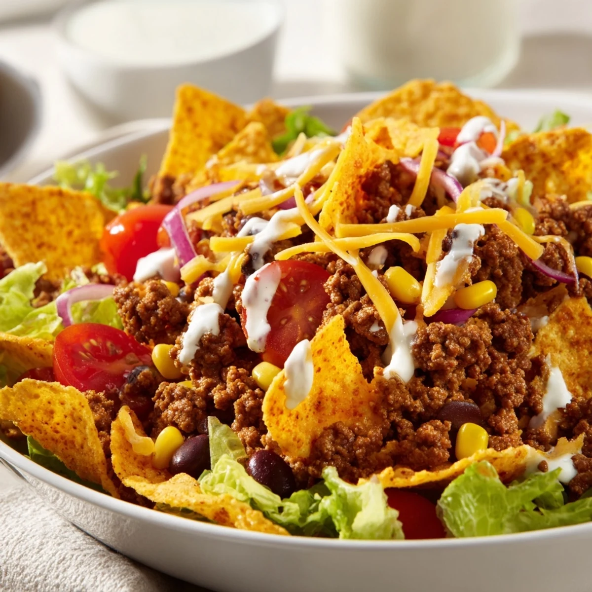Bowl of Simple Doritos Taco Salad piled high with crisp romaine and cheddar