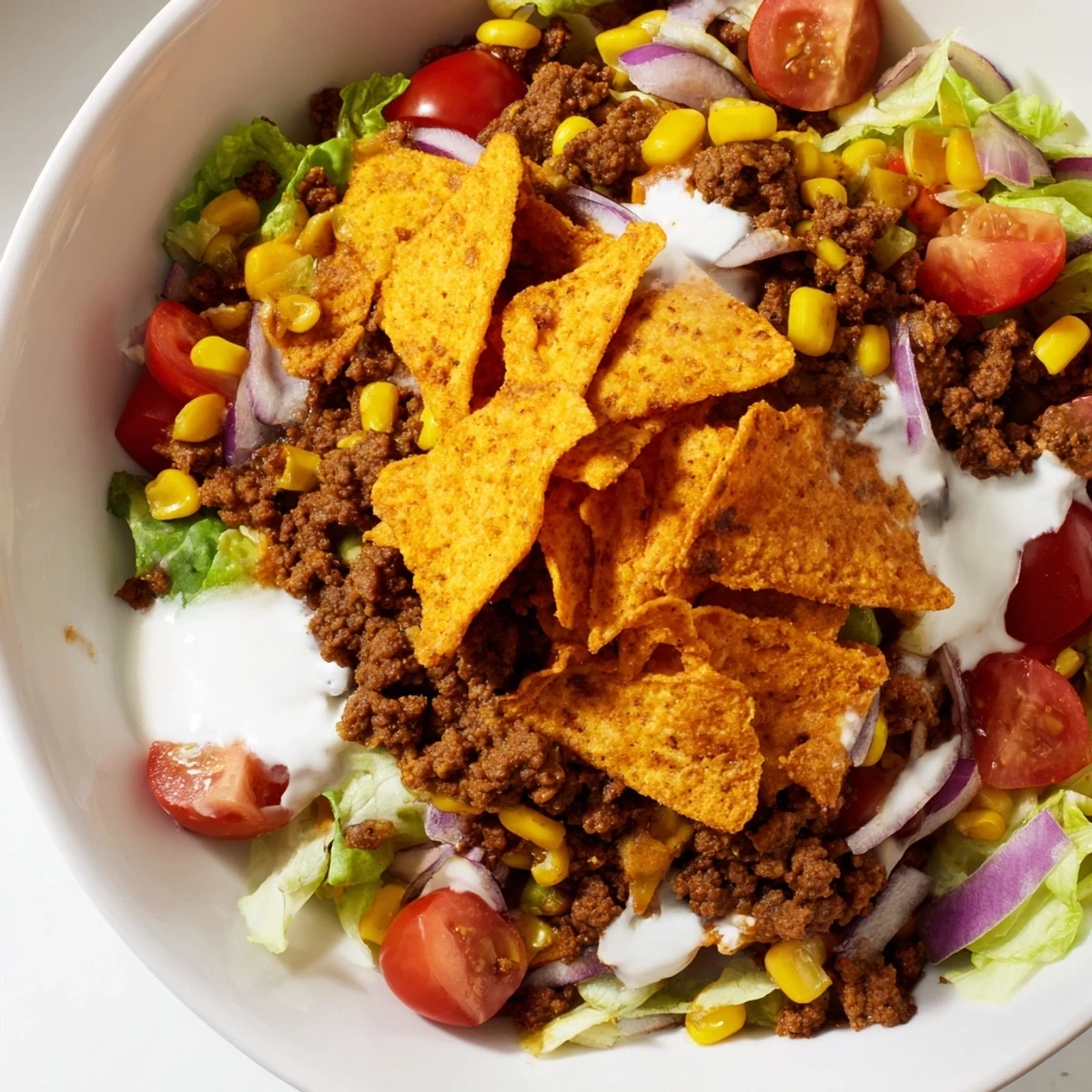 Simple Doritos Taco Salad layered with juicy cherry tomatoes, black beans, crunchy chips