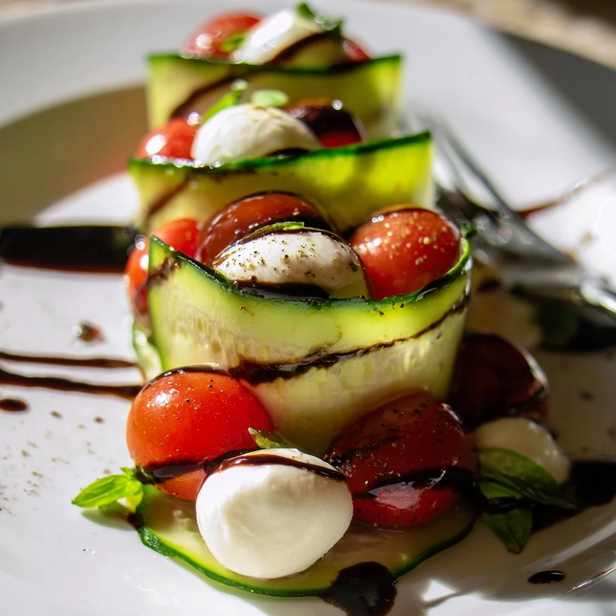 Juicy Cucumber Caprese Salad with glossy tomatoes and torn basil, chilled
