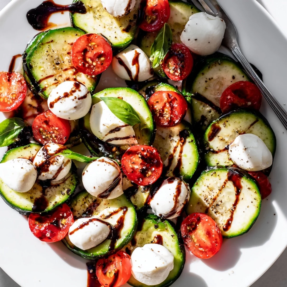 Refreshing Juicy Cucumber Caprese Salad drizzled with balsamic glaze, ready to serve