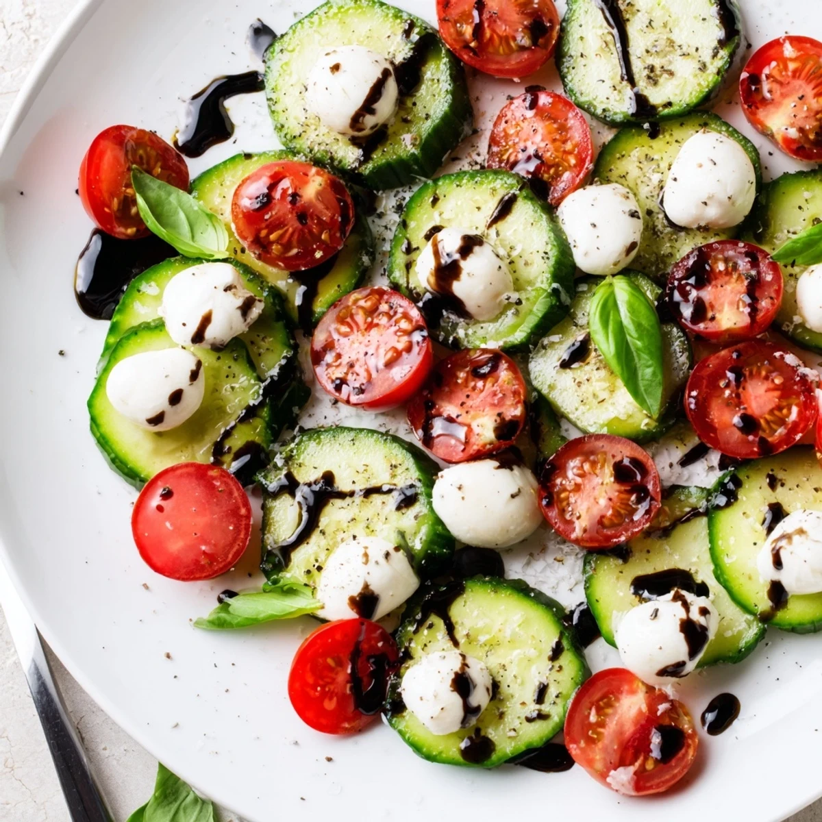 Bright Juicy Cucumber Caprese Salad on white platter, mozzarella balls glistening