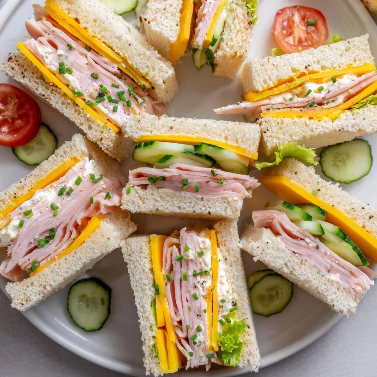 Party-ready Mini Sandwiches cut into triangles, herbed garnish and pickles