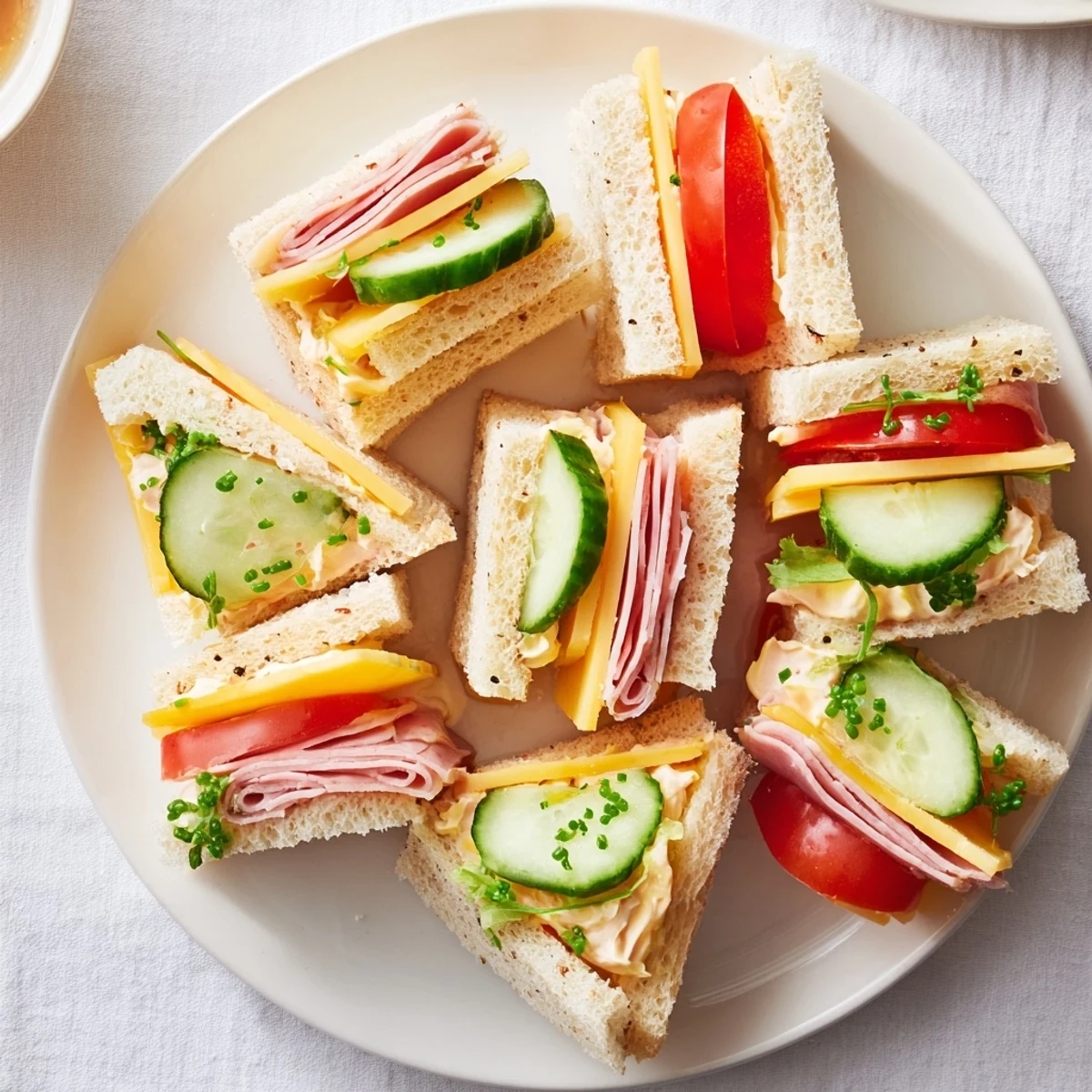 Mini Sandwiches arranged on platter, soft bread, crisp cucumber and cheddar