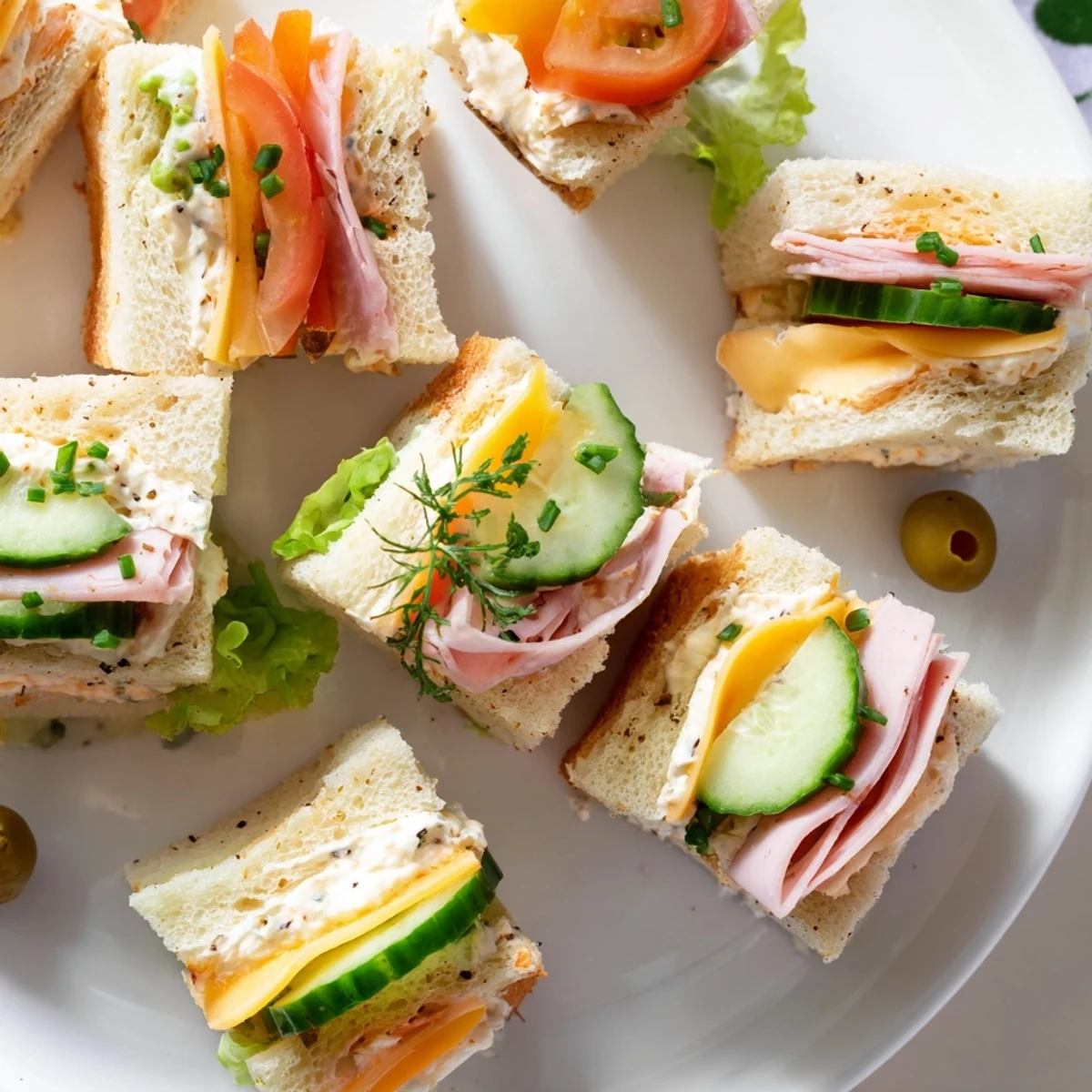 Creamy-spread Mini Sandwiches with tomato and lettuce, ideal picnic finger food
