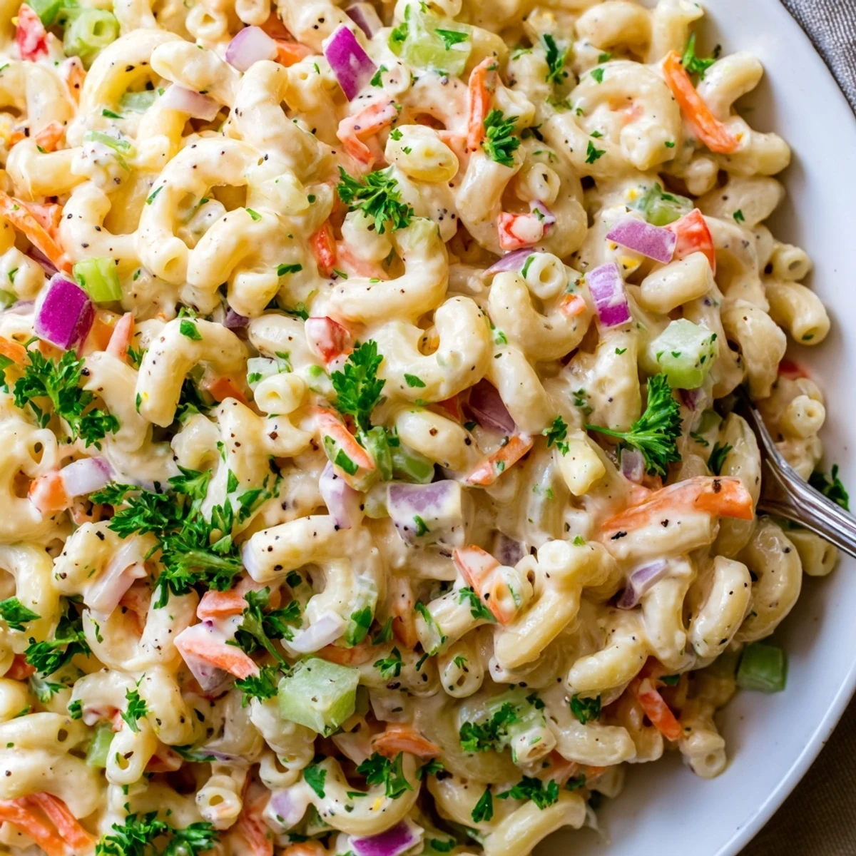 Chilled macaroni salad tossed in tangy dressing, crisp veggies visible