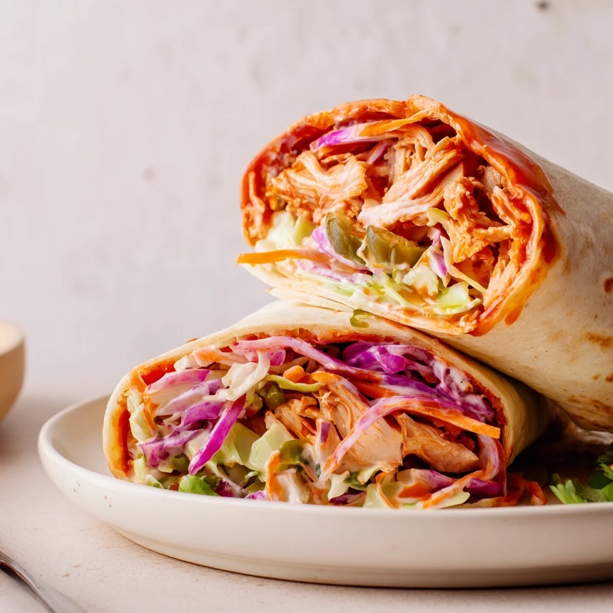 Warm Bbq Chicken Coleslaw Wraps showing smoky chicken, crunchy slaw, tortilla folds.