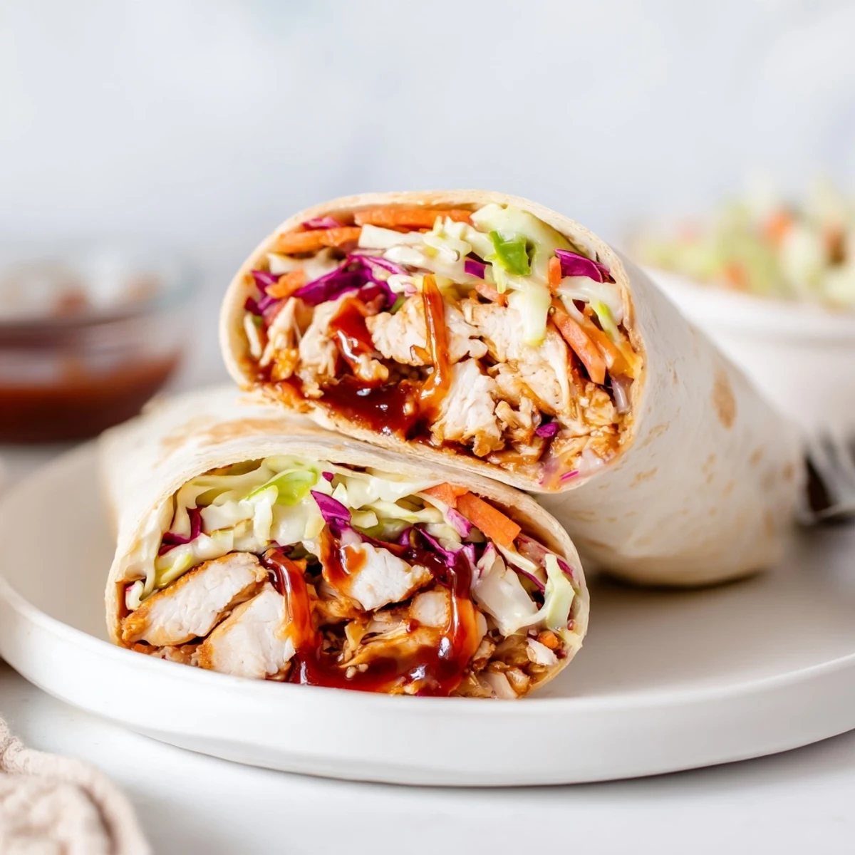 Handheld bite reveals tangy slaw and saucy chicken in Bbq Chicken Coleslaw Wraps.
