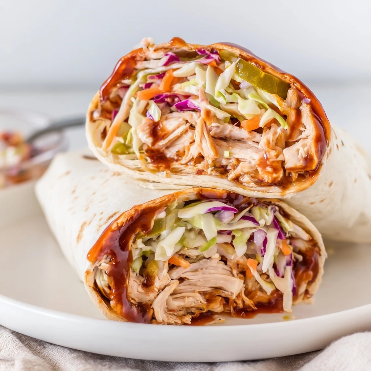 Plated with pickled jalapeños and fries, Bbq Chicken Coleslaw Wraps sliced.