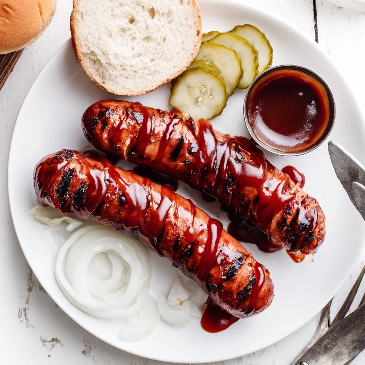 BBQ Sausage Recipe: charred, glossy links brushed with tangy sauce on grill
