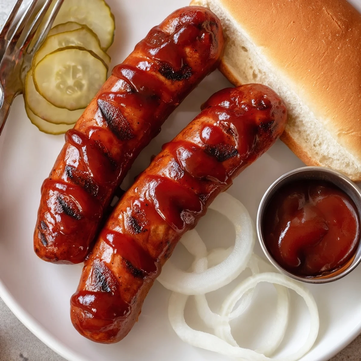 Smoky BBQ Sausage Recipe glazed and sizzling, plated beside corn and slaw