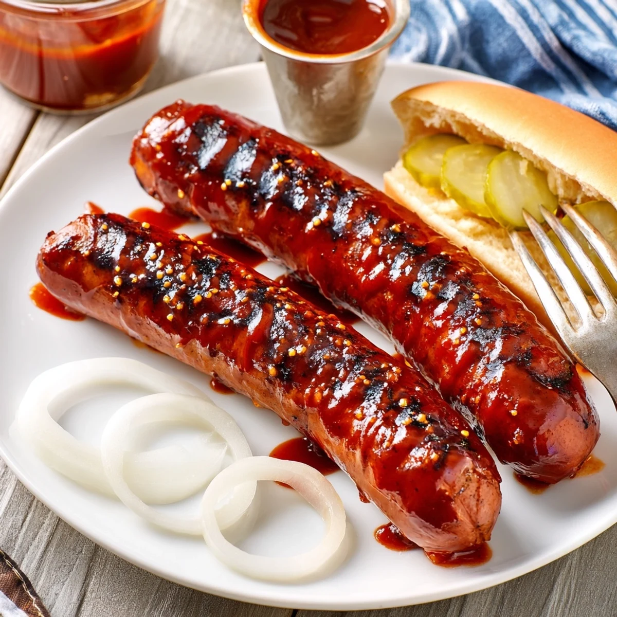 Grilled BBQ Sausage Recipe served in buns with crunchy pickle slices