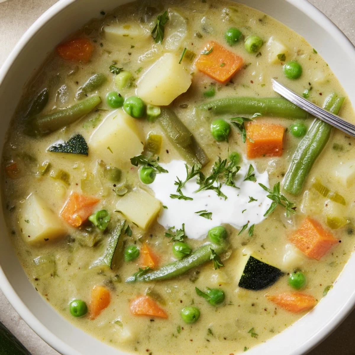 Warm Creamy Vegetable Soup Recipe ladled over crusty bread, savory and comforting