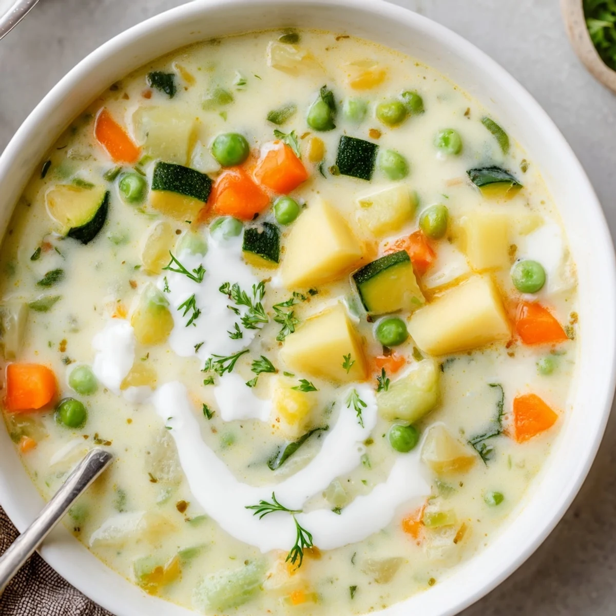 Homemade Creamy Vegetable Soup Recipe blended smooth, fragrant with thyme and garlic