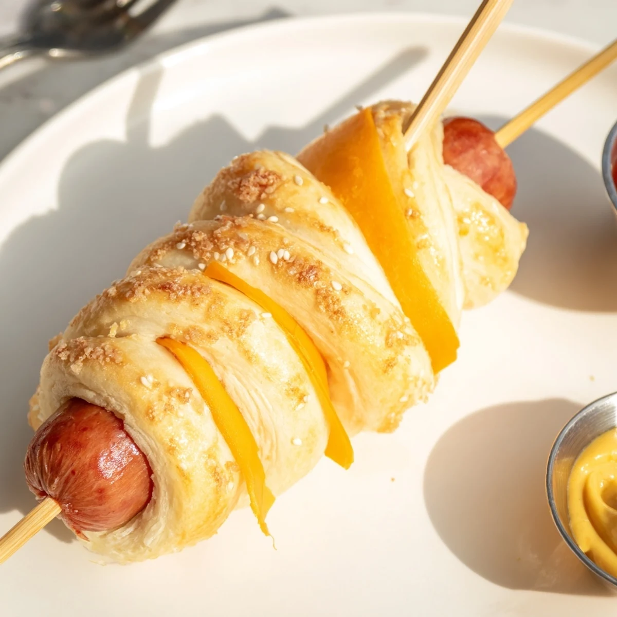 Golden baked Firecracker Hot Dogs Recipe wrapped in buttery crescent dough, served warm