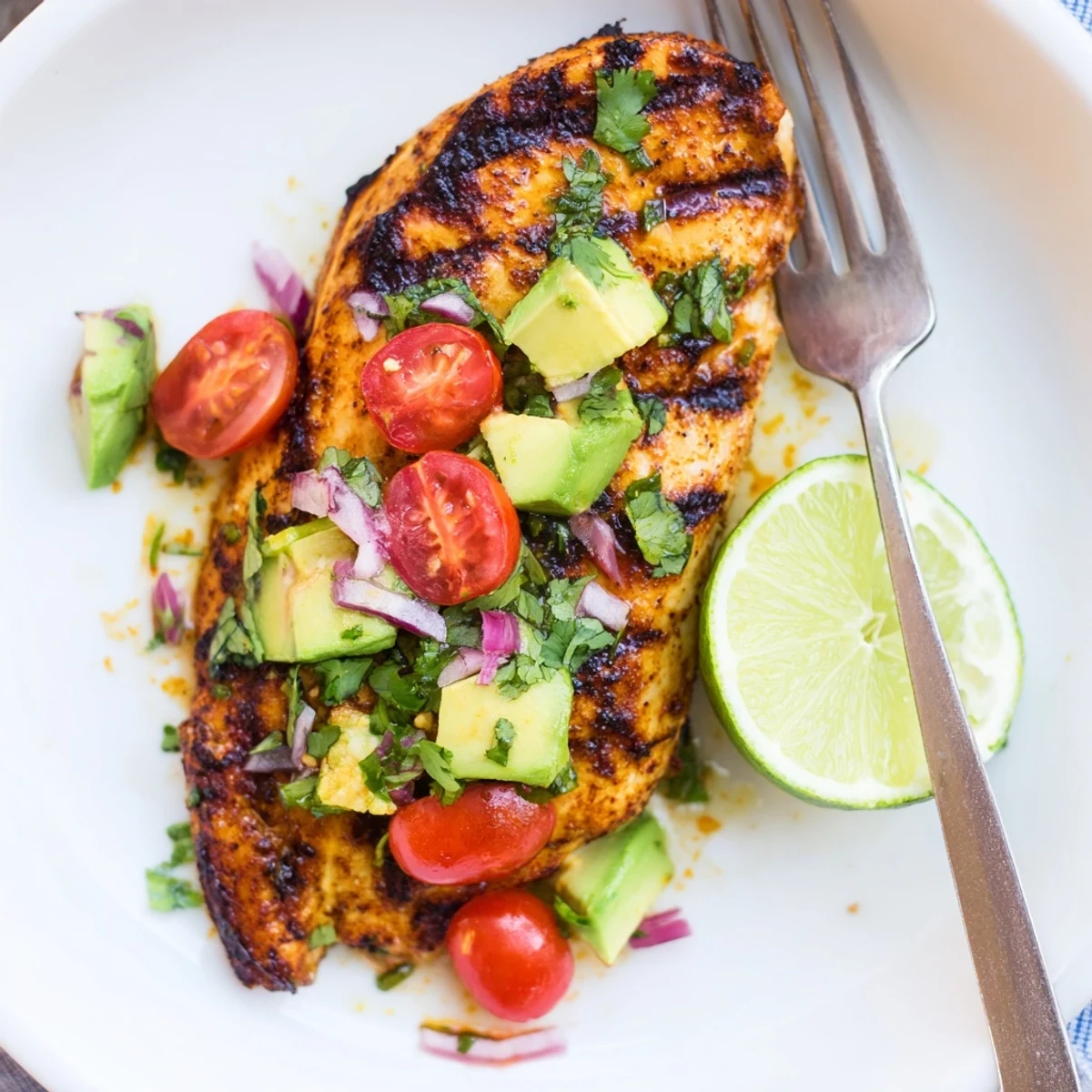 Grilled Fiesta Lime Chicken With Avocado, garnished with bright cilantro and lime  