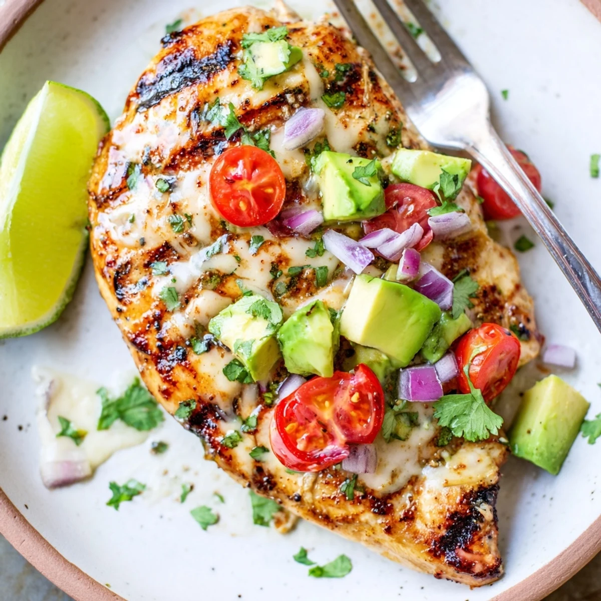 Pan-seared Fiesta Lime Chicken With Avocado, creamy green salsa and smoky char
